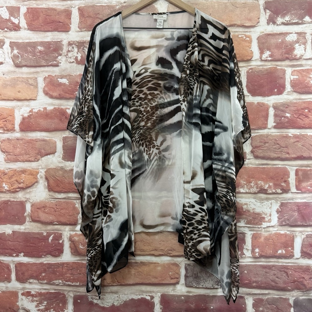 Chicos Kimono Top Women's Large XL Multicolor Abstract Animal Print Sheer Topper